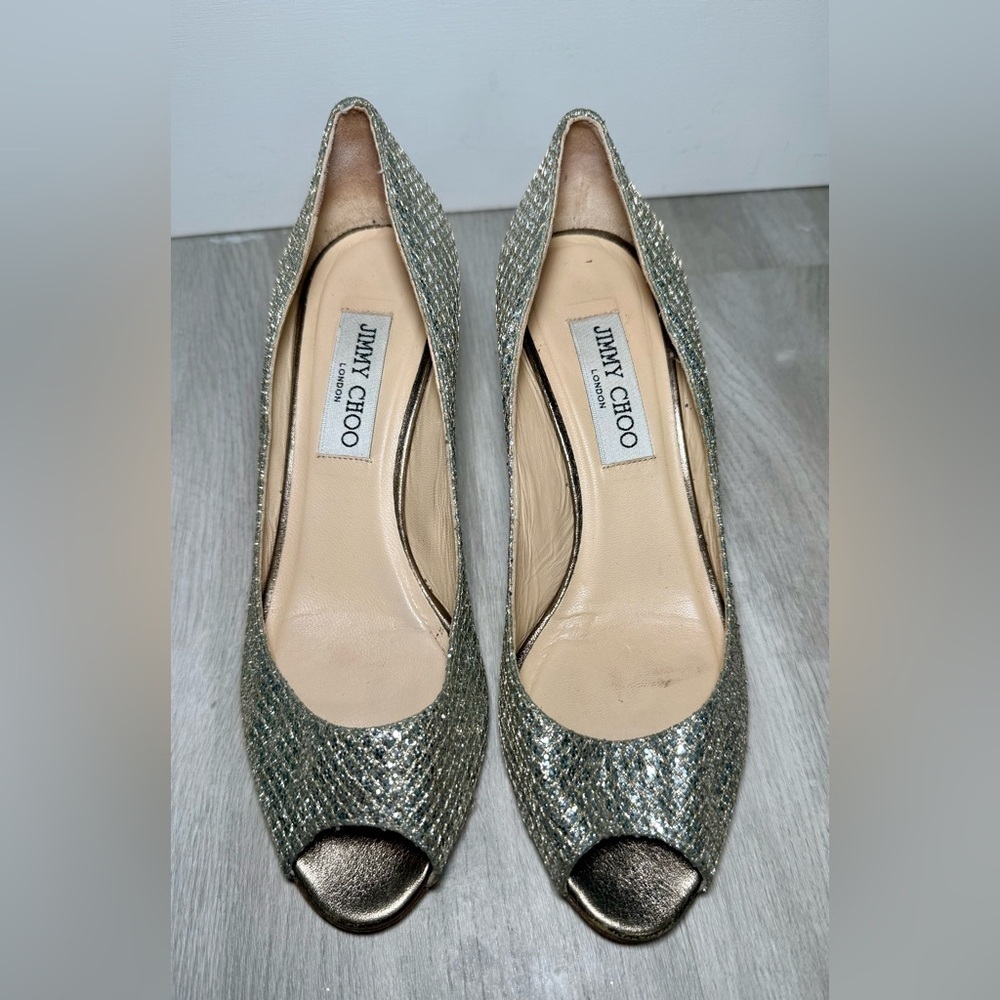 Jimmy Choo Silver Glitter Peep Toe Pumps Heels Women's Size 37-6.5